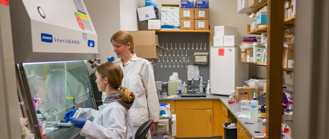 UNH researcher and student perform tests in the UNH wet lab